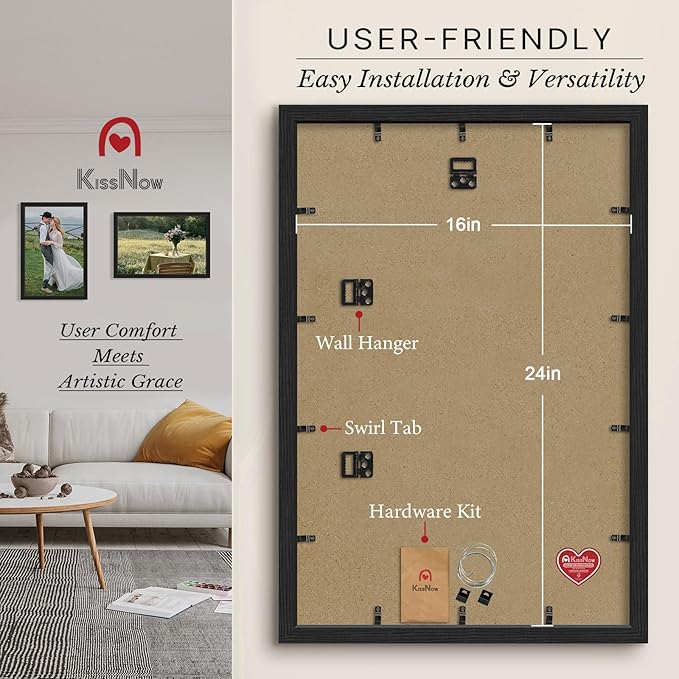 16x24 Poster Frame 2 Pack, Textured Black Solid Wood Picture Frame, Wall Hanging