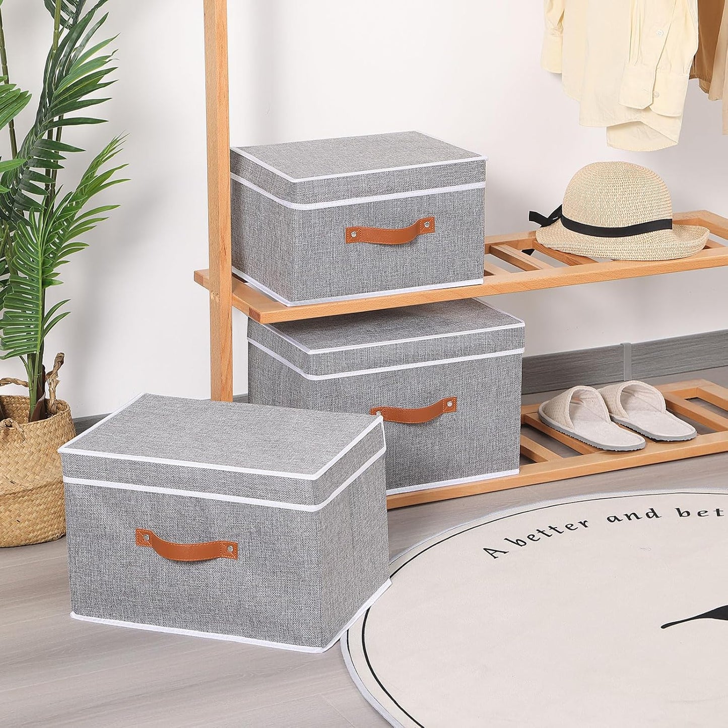 Fabric Storage Bins with Lids, Linen Foldable Clothes Boxes, Closet Organizer Containers with Double Handles, Baskets for Bedroom, Grey, 1 Pack, 13 x 9.1 x 7.9 Inch