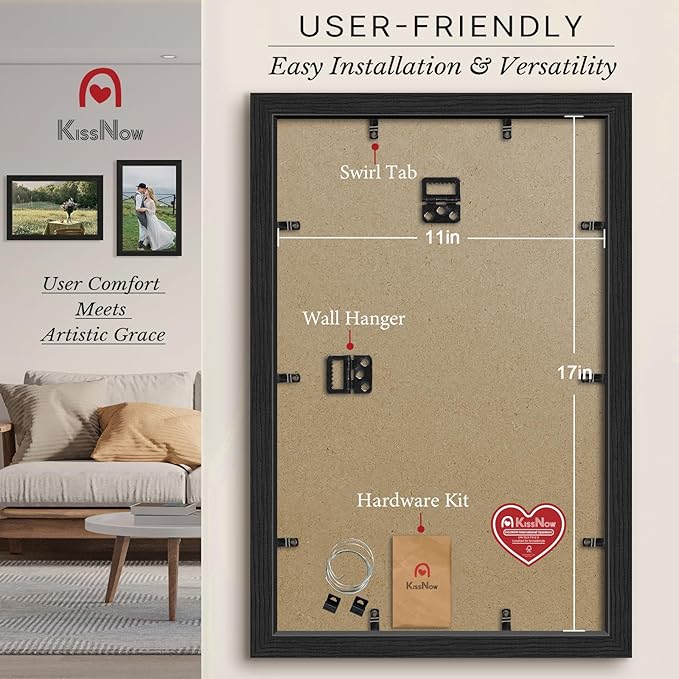 11x17 Picture Frame 2 Pack, Textured Black Solid Wood, Wall Gallery Poster Frame