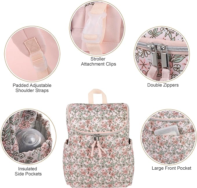Multi-Function Floral Diaper Backpack and Travel Nappy Baby Bag with Changing Pad and Stroller Straps (Freshly Floral)