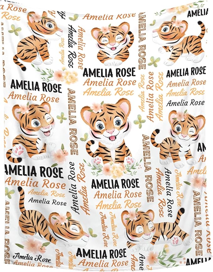 Personalized Baby Blanket for Girls Boys Kids Tiger Custom Baby Blanket with Name Throw Birthday Gift for Toddlers Infants Shower Newborns Nursery Stroller Crib Bed Decor