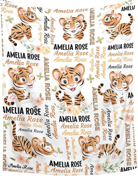 Personalized Baby Blanket for Girls Boys Kids Tiger Custom Baby Blanket with Name Throw Birthday Gift for Toddlers Infants Shower Newborns Nursery Stroller Crib Bed Decor