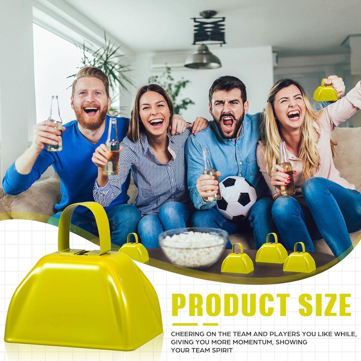 6 Pcs 3 Inch Metal Cowbells Noise Maker Hand Percussion Cow Bells with Handles for Sporting Events Cheering Noisemakers Weddings Team Spirit Sports Party Favors (Yellow)