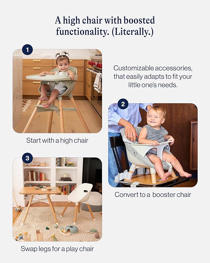 Lalo The 3-in-1 High Chair Kit - Convertible Wooden High Chair for Babies & Toddlers with Infant Support, Cushion, Booster Conversion Kit & Play Legs, Adjustable Footrest - Coconut