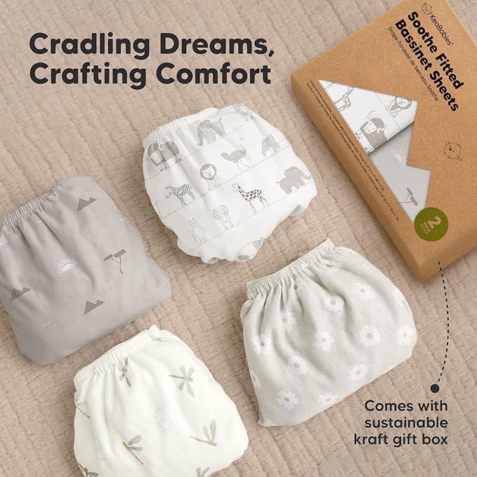 2-Pack Organic Bassinet Sheets for Girls, Boys - 100% Cotton Bassinet Mattress Sheets Compatible with Halo Bassinest Swivel Sleeper, Graco,Baby Delight,Chicco,Unisex Fitted Bassinet Sheets (Savannah)