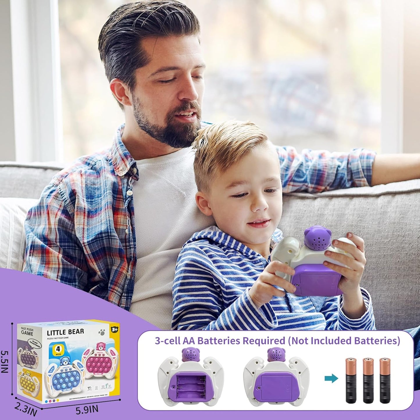 Pop Quick Push Game Console Fidget Toys Light Up Handheld Puzzle Press Popping Toy for Kids Adult Purple Bear