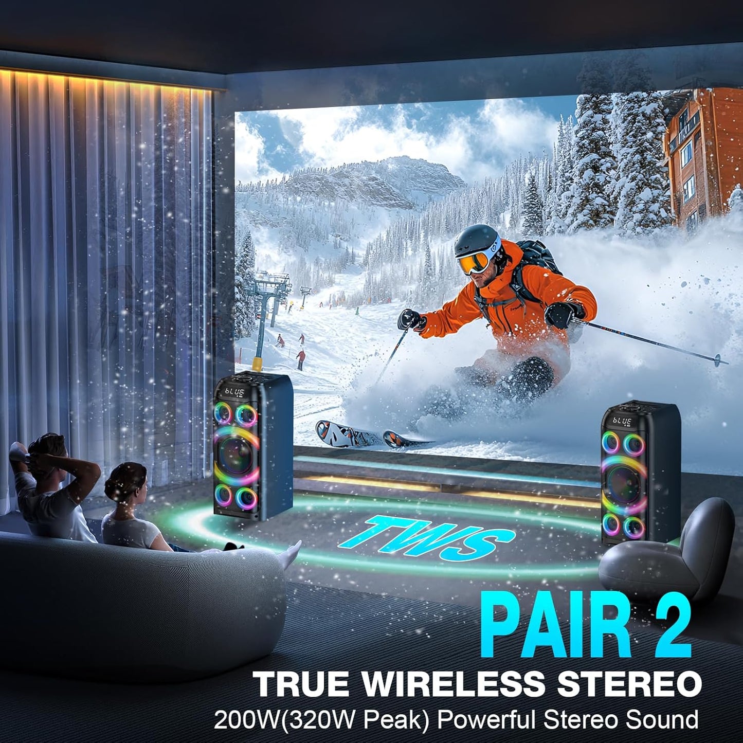 Bluetooth Speaker, 160W Peak Powerful Loud Stereo Sound Deep Bass Wireless Boombox Portable Large Party Speakers with Subwoofer TWS Pairing Dynamic LED Light for Outdoor Camping Backyard Events