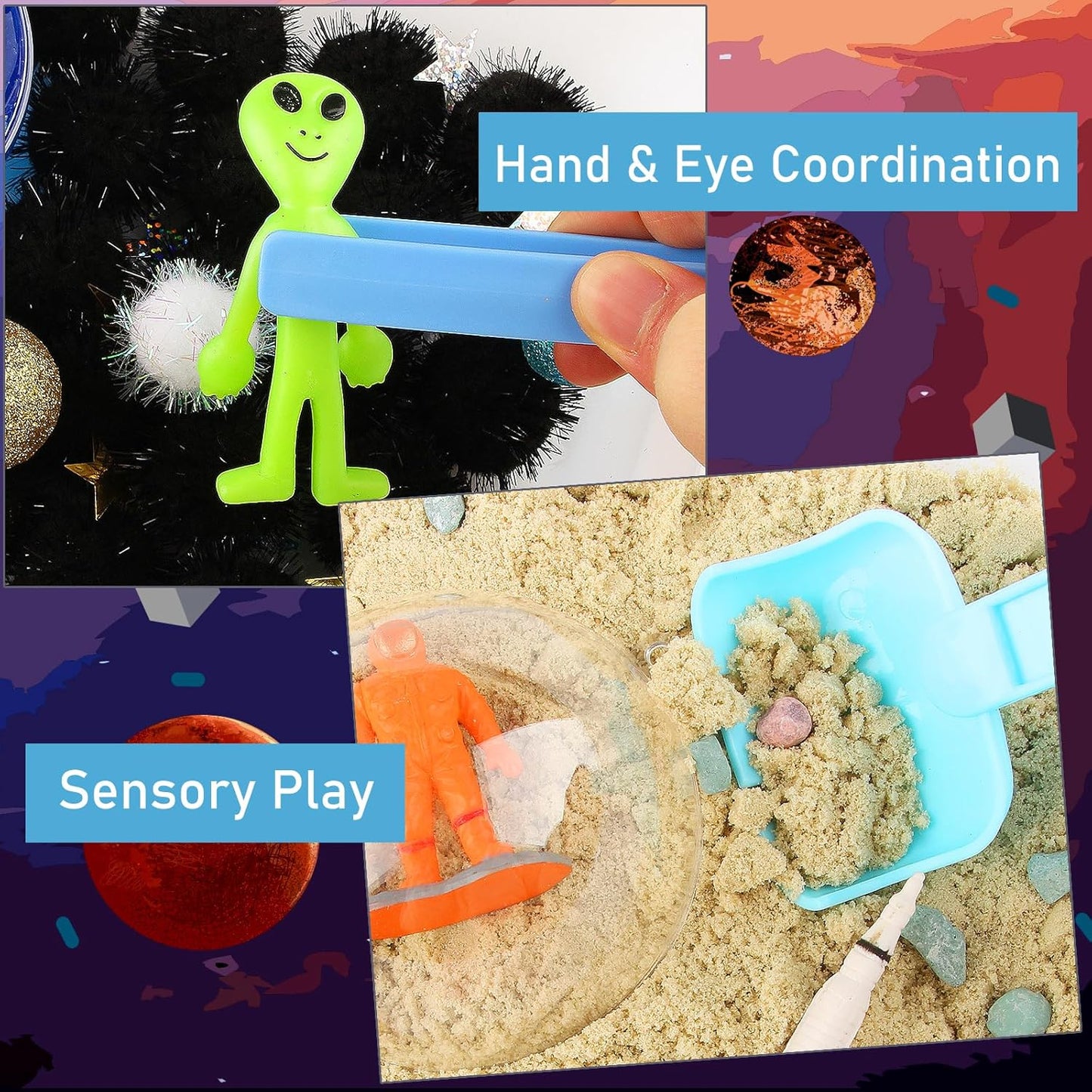 Space Themed Toys Sensory Bin Filler,Planet Toys for Kids, Universe Solar System Toys for Autistic Children, Space Astronauts Sensory Toys for Toddlers with 9 Planets, Sand, 3 Tools and More