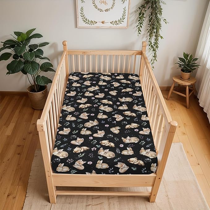 Sleeping Spring Animals Baby Crib Sheets Boy Girl 28"x52" Bear Deer Bunny Floral Leaves Soft Snug Fitted Crib Mattress Cover Cute Animals Baby Sheet for Standard Crib & Toddler Mattress