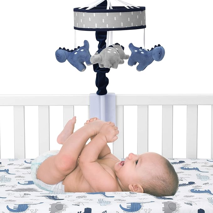 Lambs & Ivy Baby Dino Blue/Gray Dinosaur Musical Baby Crib Mobile Soother Toy