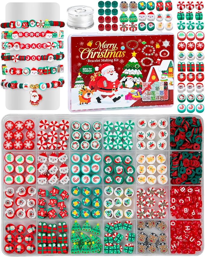 Christmas Polymer Clay Beads, 10mm Heishi Spacer Beads for Jewelry Making, Mixed DIY Crafts Supplies for Bracelet, Necklace, Earrings, Hair Accessories and Holiday Crafts