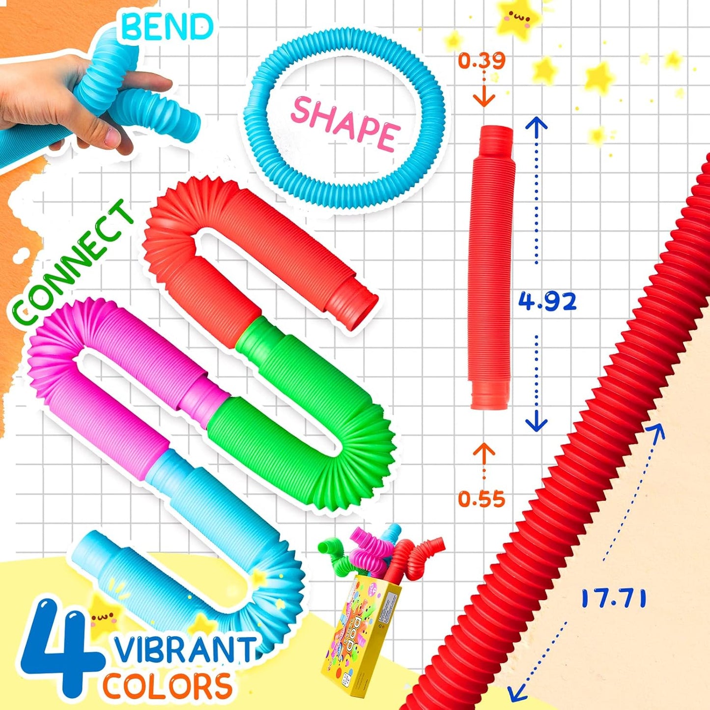 Pop Tubes Sensory Toys, Fidget Toys for Kids and Adults, Pop Multi-Color Tubes Sensory Toy (4 Pack)