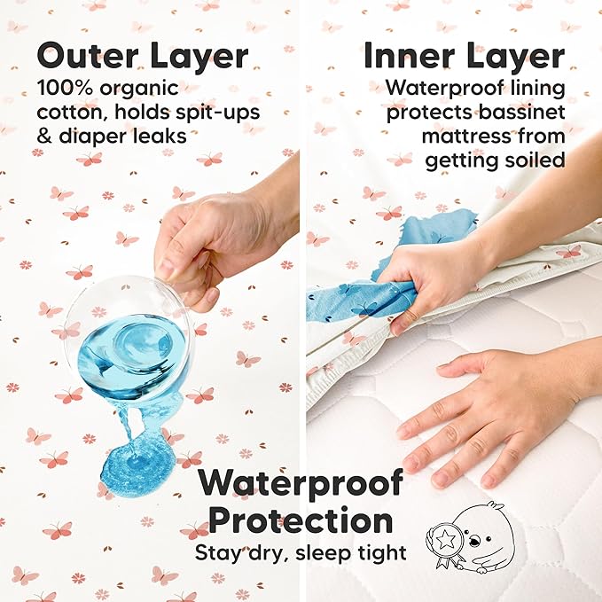 2-pk Waterproof Bassinet Sheets Girls, Boys, Cotton - 33x17 Universal Bassinet Mattress Pad Protector Cover, Compatible with Graco,Baby Delight,Chicco,Halo Bassinest Swivel Sleeper Fitted(Butterflies)