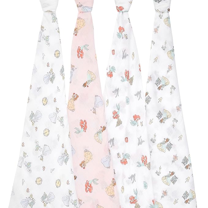 aden + anais Essentials Muslin Swaddle Blankets, Newborn Receiving Blanket for Swaddling, 100% Cotton Baby Swaddle Wrap, 4 Pack, Disney Princess