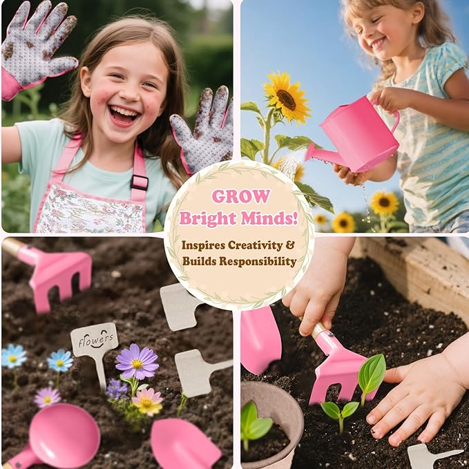 Kids Gardening Tool Set 18PCS Kids Toddler Gardening Set Includes Tote Bag Watering Can Apron Hat Rake Shovel Spoon Gloves Plant Pots and Labels, Outdoor Toys Gift for Boys Girls (Pink)