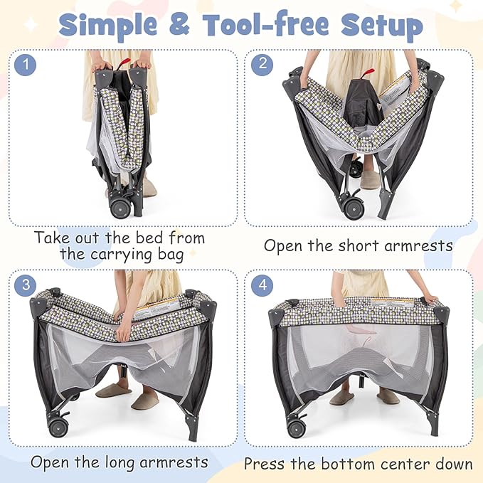 HONEY JOY Pack and Play, 4-in-1 Foldable Nursery Center with Full-Size Infant Bassinet & Diaper Changer, Portable Toddler Crib w/Mattress & Net, Music Box, Toys, Baby Playard w/Carry Bag, Gray