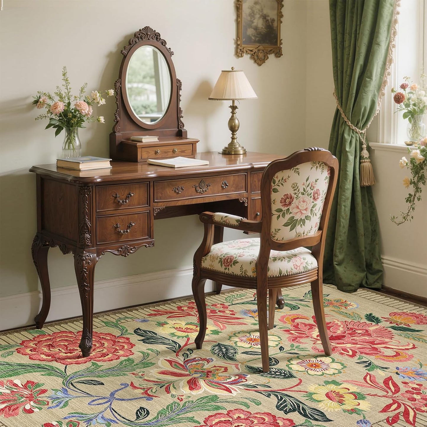 GarveeHome Floral Botanical Washable Rugs 5x7 Area Rug for Living Room, Camel Taupe Brown Vintage Boho Cottage Throw Rugs Low Pile Carpet for Bedroom Dining Nursery Rug