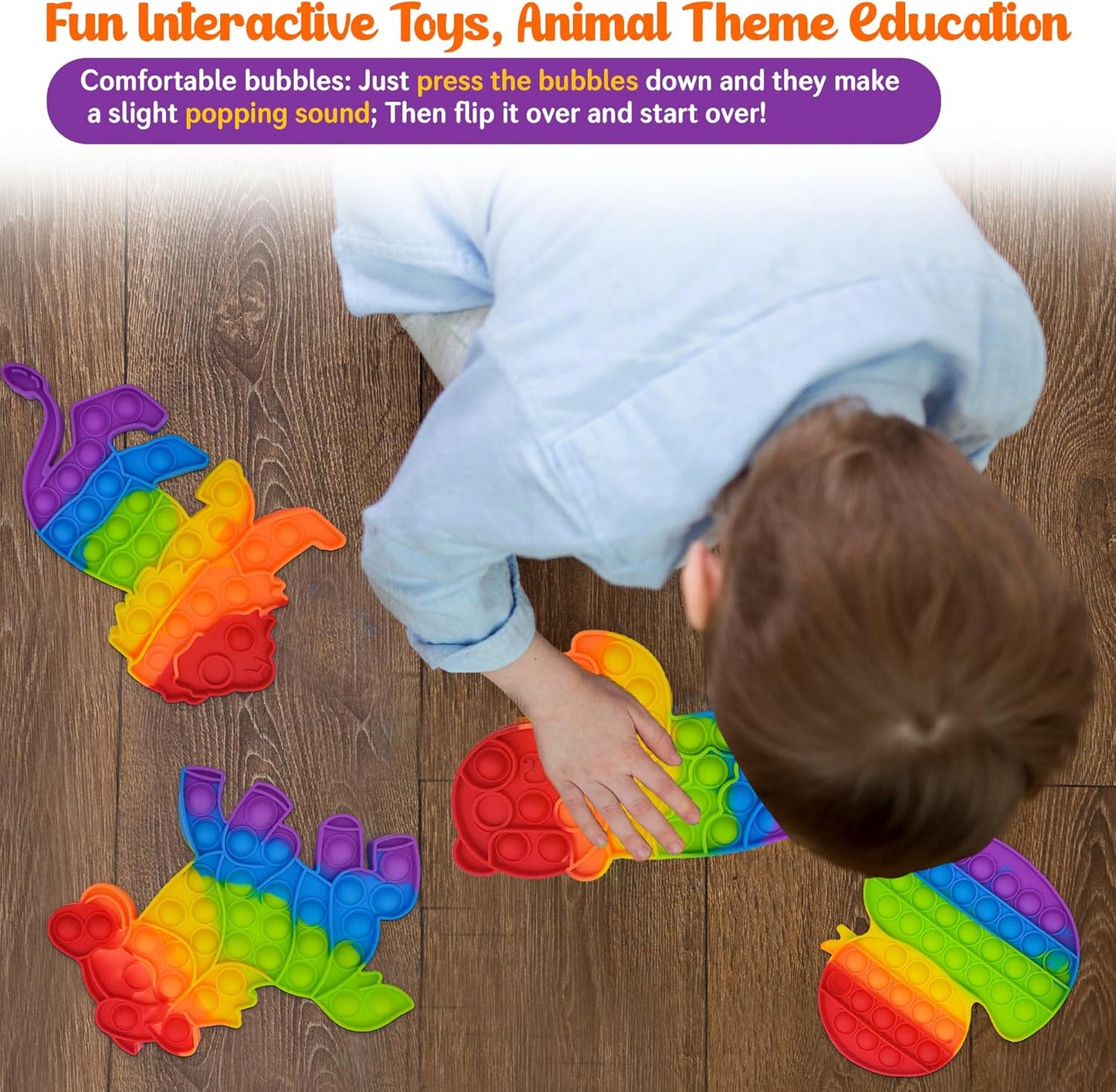 Animals Pop Fidget Toys Set, Silicone Rainbow Dinosaur Popper Fidget Set for Children, Sensory Squeeze Toys Stress Reliever Tool for Kids Adult ADHD Lion, Tiger, Horse and Duck 4 Pack