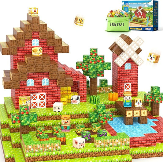 1" Magnetic Blocks - Build Mine Magnet World Farm Animals Set, 100PCS Vibrant Colorful Magnetic Blocks with Ultra Magnet Strength for Kids Ages 3-12, STEM Toys Ideal Gifts for 3+ Years Old Boys Girls
