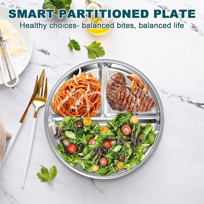 EWFEN Stainless Steel Toddler Plate Set of 6, 9" Portion Control Plates Divided Plate for Adults Kids Balance Lunch, Non Slip | Unbreakable Toddler Baby Feeding Set Dishwasher Safe