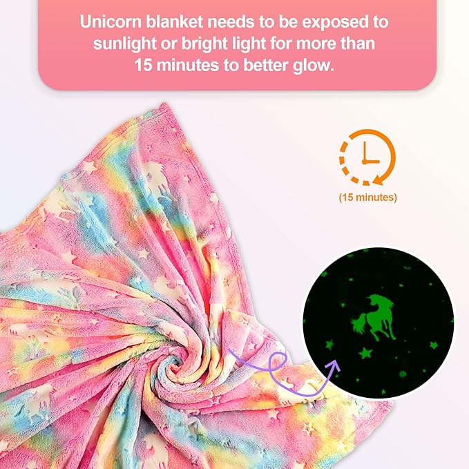 TEHALK Unicorn Glow in The Dark Blanket for Girls/Kids, 60% Polyester/40% Flannel, 40"x60", Pink, Cartoon Unicorn with Star