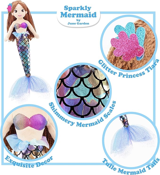 June Garden 18" Sparkly Mermaid Tifara - Soft Plush Stuffed Mermaid Doll Gift for Toddler Girls