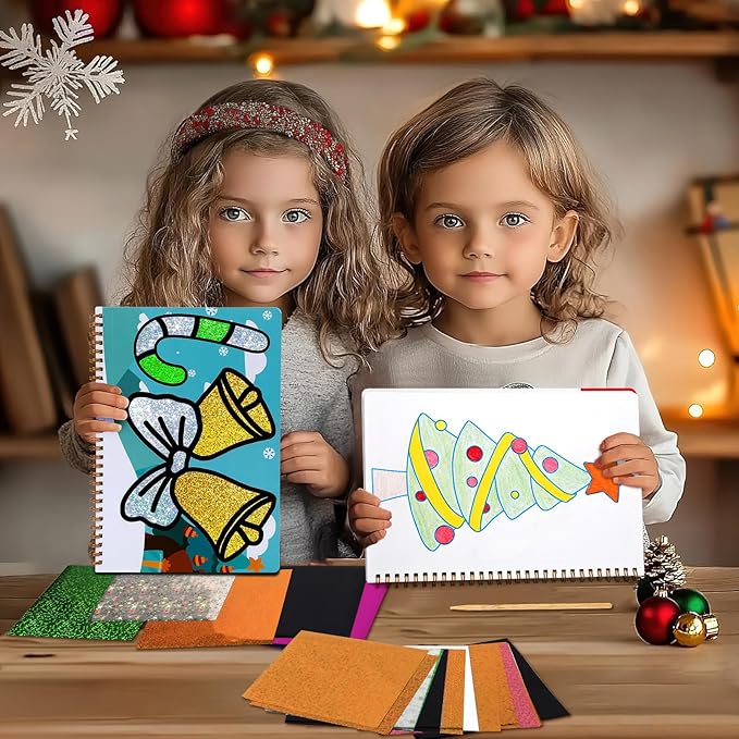 JULEASEL Christmas Foil Paper Arts and Crafts Kits, DIY Xmas Arts and Crafts for Kids, No Mess Foil and Coloring Books, Creative Christmas Gifts for Boys Girls Ages 4+, Kids Travel Essentials Toy