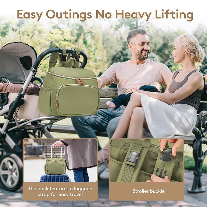 Small Diaper Bag Backpack, Lightweight Baby Bag for Moms and Dads, Compact Travel Diaper Backpack with Stroller Straps & Changing Pad, Waterproof & Stylish Baby Bag for Everyday Essentials - GREEN