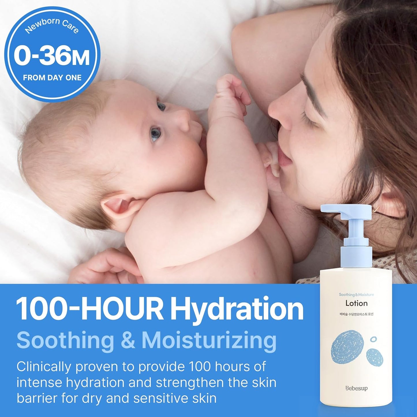 BEBESUP- 베베숲 Daily Hydration Baby Lotion | Korean Skincare for Sensitive & Atopic Skin 100-Hour Hydration Organic Rice & Ceramide Formula Hypoallergenic Fast Absorbing 10.14 fl. oz
