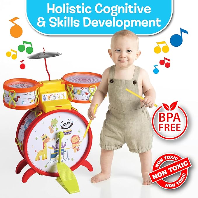 Small World Toys Kids Drum Set, Neurosmith My First Drum Set for Toddlers, Preschool Educational Toddler Music Toys Instruments for Kids, Birthday Toys for 2 Year Old Boys and Girls Gift