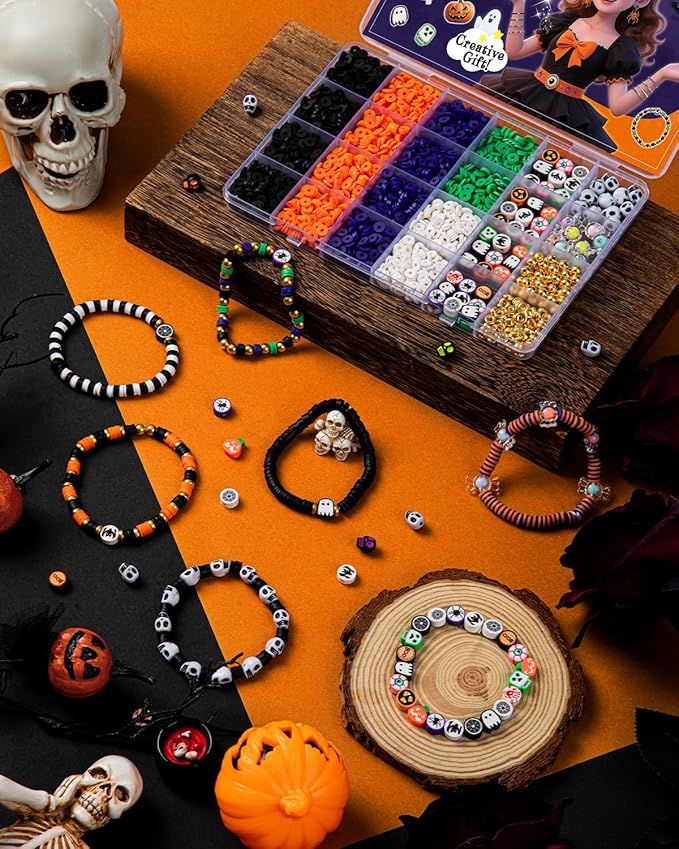 Taybonds Halloween Clay Beads Friendship Bracelet Making Kit for Kids, Jewelry Making Kit with Polymer Clay Charms and Skull for Bracelets, Gifts for Age6+