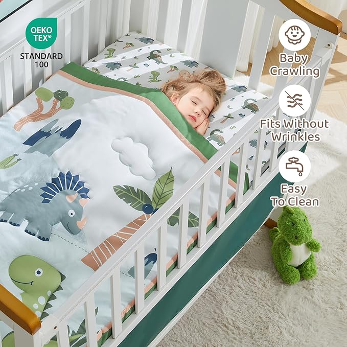 Wowelife Dinosaur Crib Bedding Set for Boys Green, Premium 3-Piece Baby Bedding Set, Nursery Crib Set, Newborn, Infant & Toddler Nursery Bed Set, Green Dinosaur