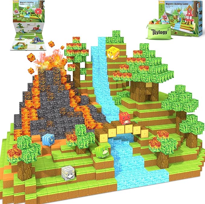150PCS Dinosaur Toys Magnetic Blocks-Build Mine Magnet World Volcano Edition, Magnetic Kids Sensory Toys for 3+ Year Old Boys and Girls Building Blocks Toddler Games Through Jurassic Learning Gifts