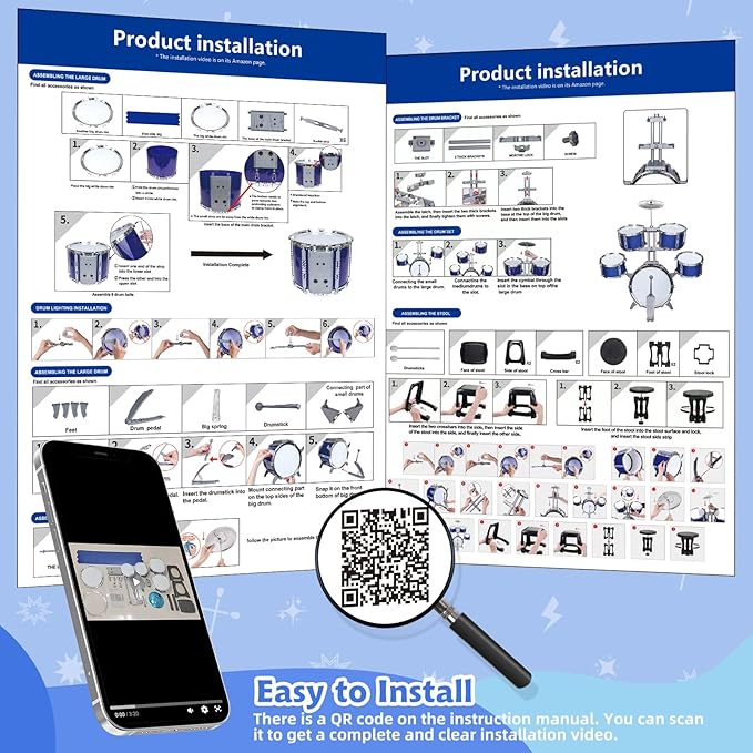 Kids Drum Set, Drum Set for Toddlers with Stool Upgraded Plastic Rock Jazz Drum Kit Musical Instruments Toys Gifts for 1 3 5 7 9 12 Years Boys Girls