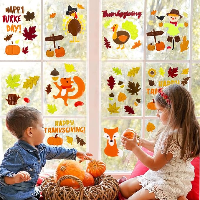 Fall Thanksgiving Window Gel Clings, Happy Thanksgiving Pumpkin Turkey Maple Leaf Scarecrow, School Home Supplies