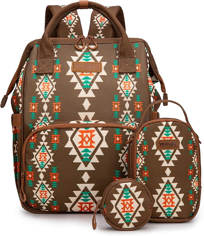 Montana West Wrangler Callie Diaper Bag Backpack with Pacifier Case, Crossbody Bottle Bag and Stroller Straps Western Pattern Multifunction Baby Travel Bag Set WG2215-9110CF