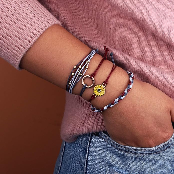 FANCY SHINY Sunflower String Bracelet Boho Braided Rope Wrap Bracelets Cute Summer Beach Surfer Jewelry for Women Christmas Gifts