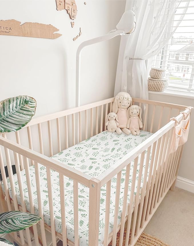 Crib Sheets for Baby Boy Girl 2 Pack, Fitted Crib Mattress Sheet 28" x 52", Muslin Toddler Bedding with Neutral Style, Nursery Bedding Essentials (Fern Leaf & Sage)