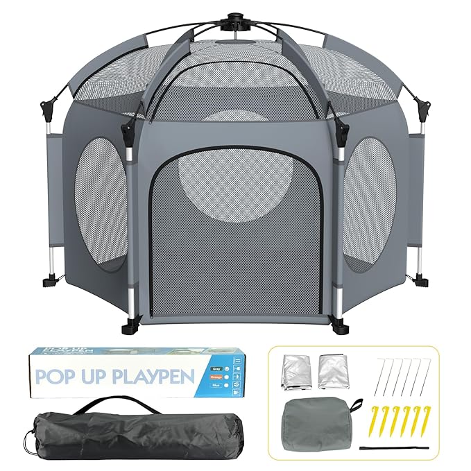 PRObebi Portable Pop Up Playpen for Babies and Toddlers - Grey Lightweight Outdoor Play Yard with Three Sun-Shade - Beach and Indoor Use with Travel Bag
