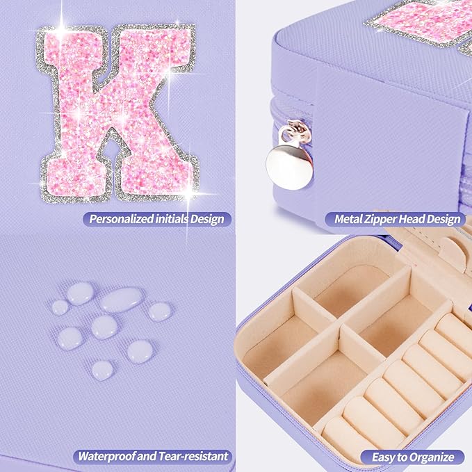 Personalized Jewelry Box - Small Travel Jewelry Organizer, Cute Storage for Women's Accessories, Travel Essentials & Birthday Gifts | Lavender,K