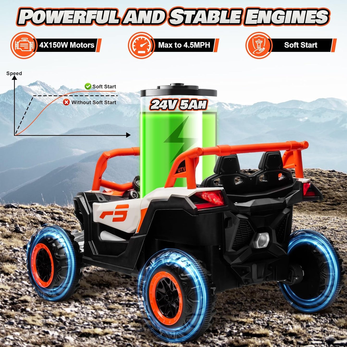 Electric Car for Kids, JOYRACER 24V Ride on Car Battery Powered Off-Road UTV w/Remote Control, 3 Speeds, 4x150W Powerful Motors, 18" Seat, Bluetooth, MP3, Electric Vehicles with Big Pull Bow