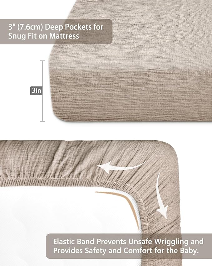 Pack and Play Sheets for Baby Boys and Girls 39"x27"x3", Neutral Muslin Cotton Pack N Play Mattresses Sheet with Boho Style, Soft and Breathable Comfort (Beige)