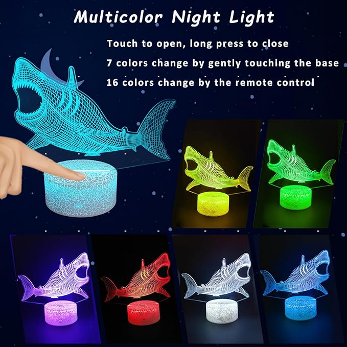 Megalodon Night Light, Nursery Night Lamp for Kids, 16 Color Changing with Dimmable Remote Control, Toy Shark Gifts for Girls Boys Teen Kids Family, Bedroom Shark Theme Decortive