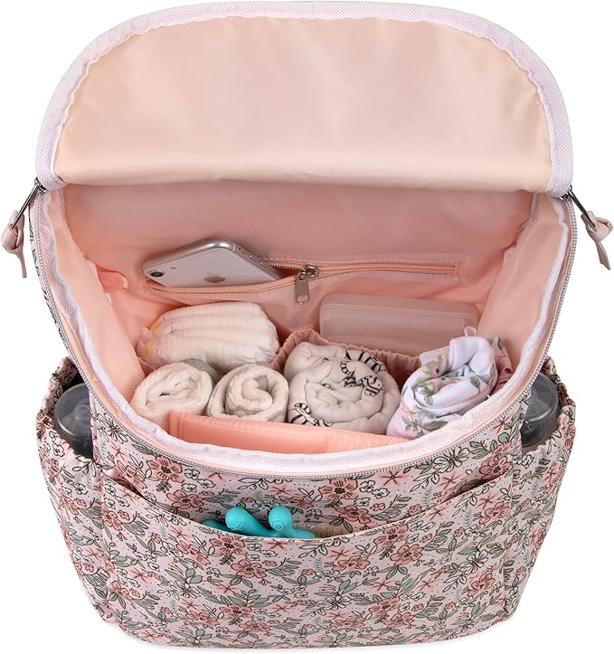 Multi-Function Floral Diaper Backpack and Travel Nappy Baby Bag with Changing Pad and Stroller Straps (Freshly Floral)