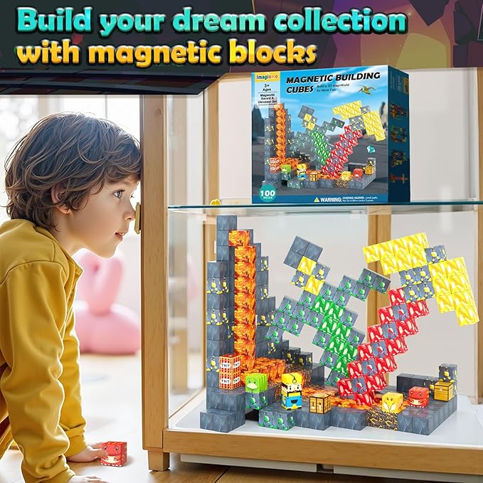 100PCS Magnetic Blocks - Build Mine Magnet World Mine Adventure Set Dinosaur Toys, Creative Jurassic Kids Games for 3-5 5-7 8-12 Boys, Sensory STEM Outdoor Toys for Boys & Girls Birthday Gifts
