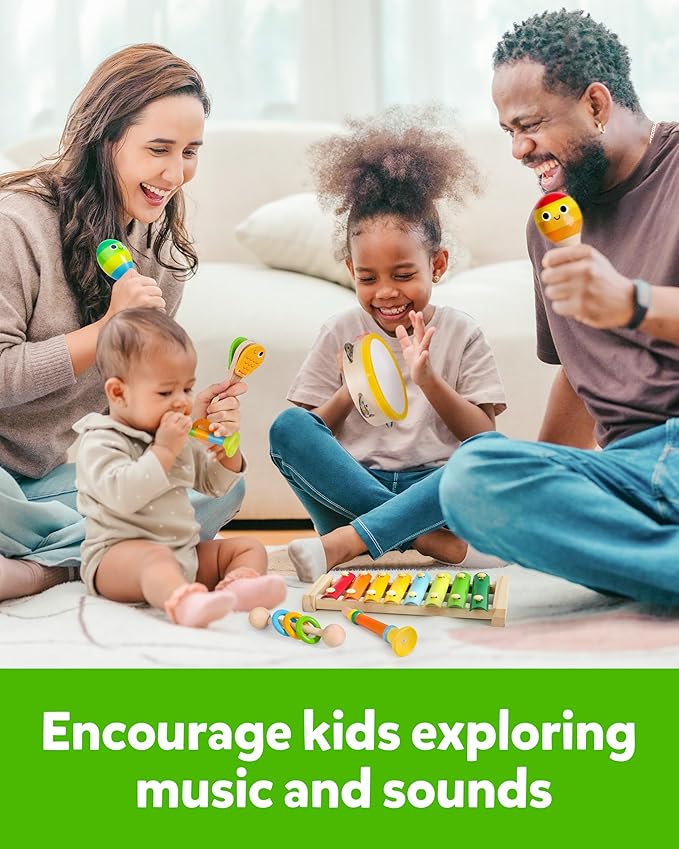 Coogam Wooden Musical Instruments for Toddlers, Tambourine Xylophone Castanet Flute Maracas Playset, Wood Percussion Rhythm Music Toy, Montessori Educational Learning Gift