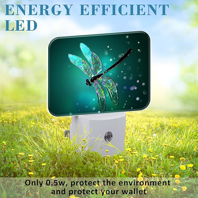 Glass Dragonfly Plug in Night Lights, Green Background Nightlight Plug Into Wall Dusk to Dawn Sensor for Kid Girls Boys Women Men Bedroom, Hallway, Kitchen, Bathroom, Stairs Decor