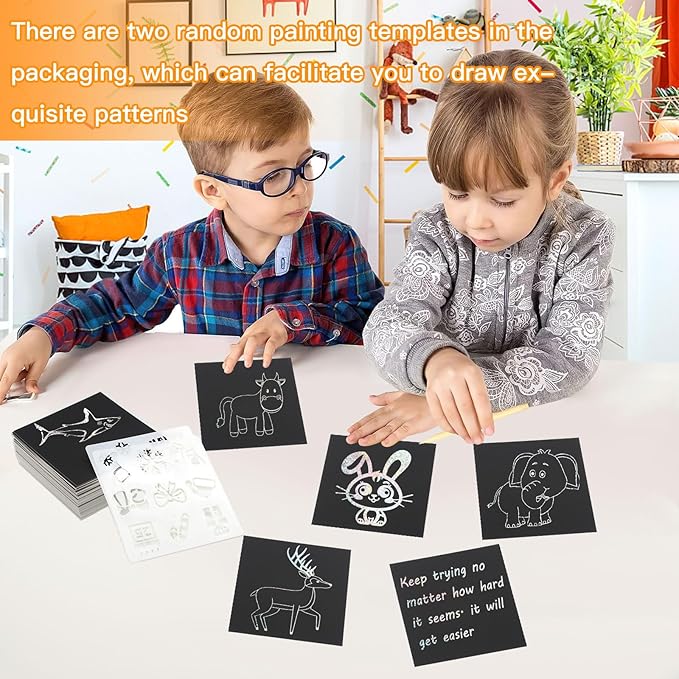 100 PCS Mini Rainbow Scratch Notes Art,Silver Glitter Scratch Paper,DIY Art Craft for Students Classroom Activities Birthday Party Games(3.3"x3.3")