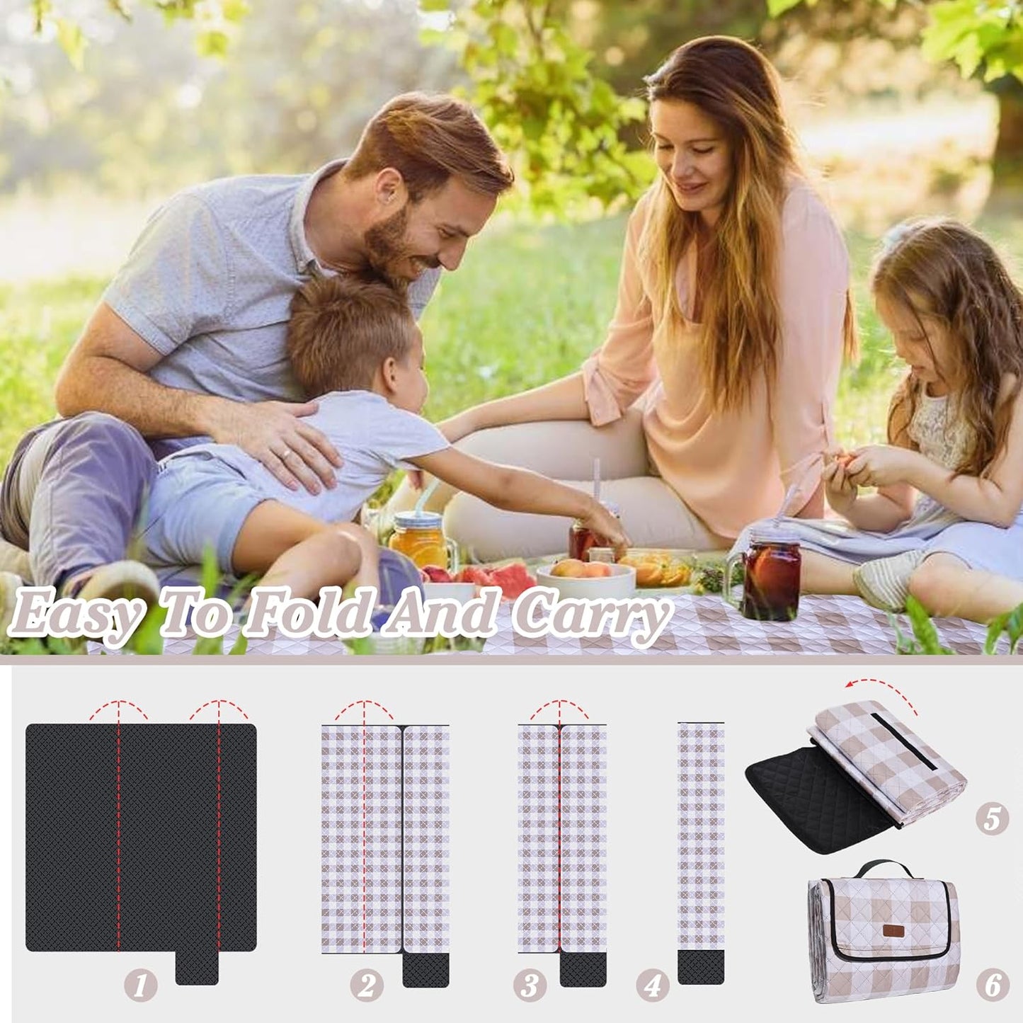 Extra Large Picnic Blanket 80''x 80'' Waterproof Foldable Picnic Mat for Beach, 5-Layer Outdoor Blanket for 6 to 8 Adults,Camping Grass Lawn Park Accessories Couple Park Wedding Registry(Brown)