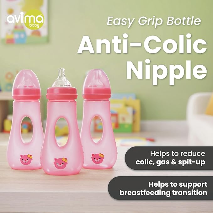 Avima Easy Grip Anti Colic Baby Bottles, BPA Free, 8 oz. Wide Neck w/Medium Flow Silicone Nipples & Bottle Brush Pink Set (Pack of 3)